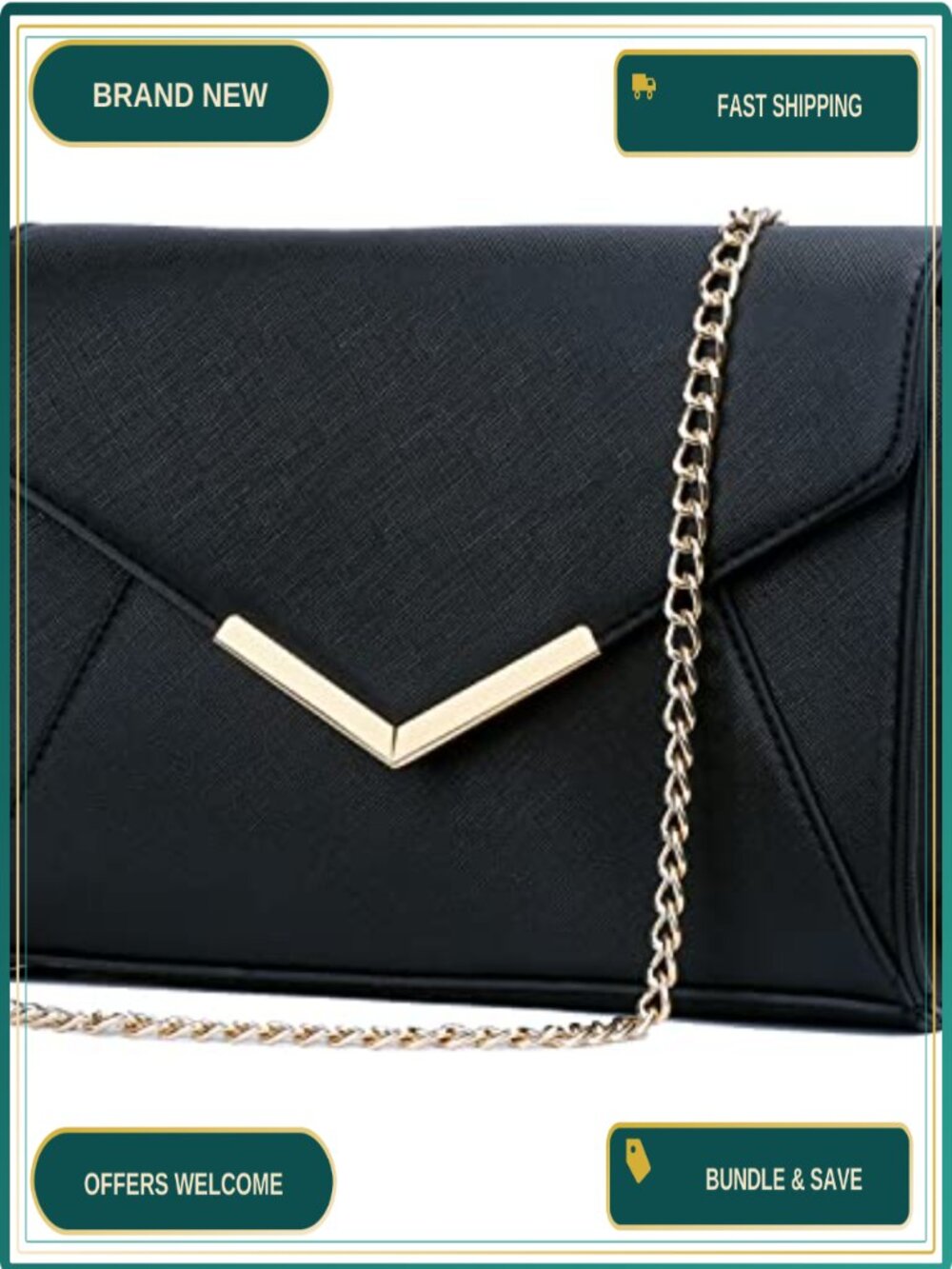 Faux Saffiano Leather Evening Clutch with Detachable Chain Strap
